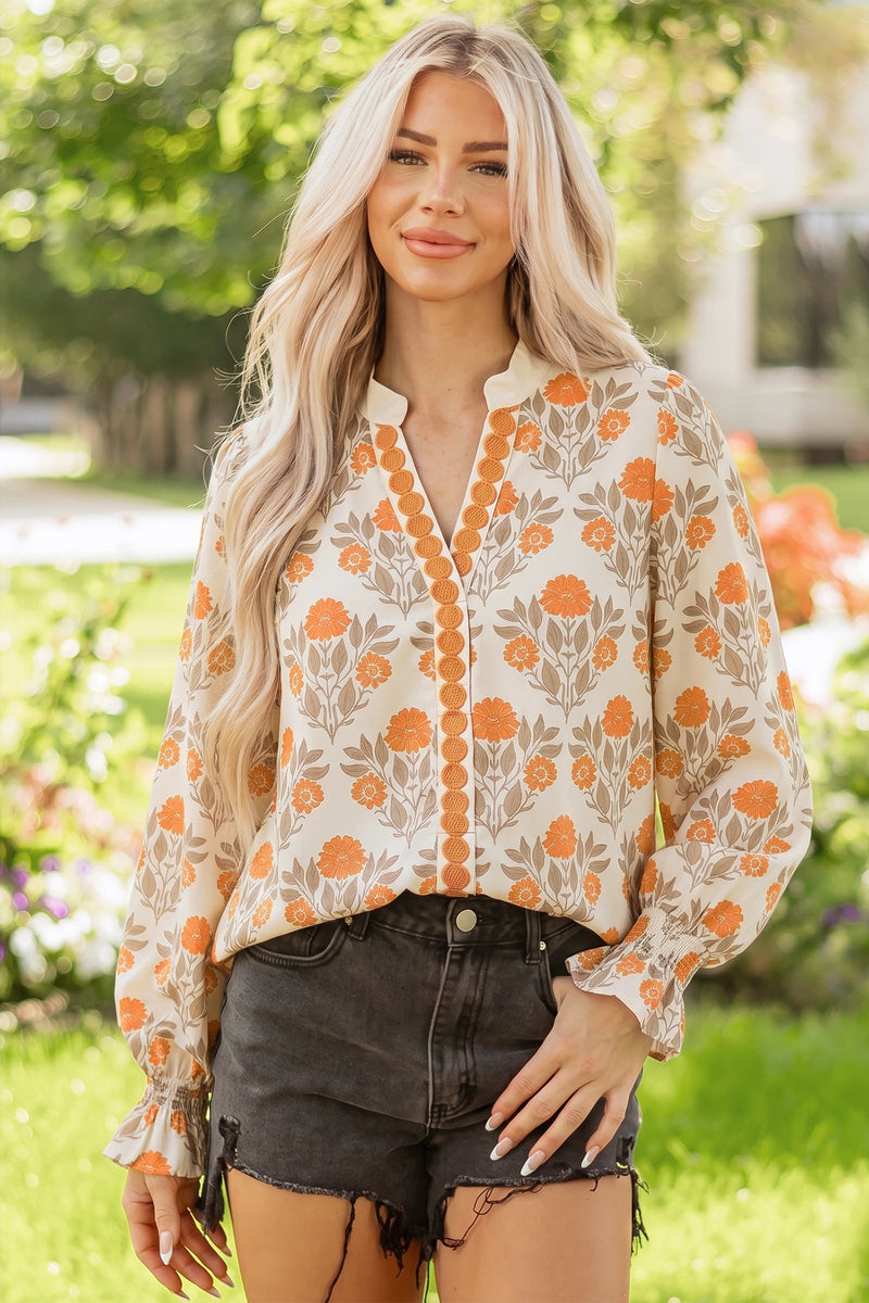 Load image into Gallery viewer, DLLS869 - Ladies Orange Floral Print V Neck Long Sleeve Top
