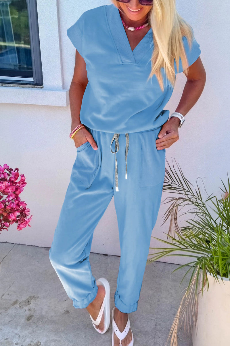 Load image into Gallery viewer, DLLS933 - Ladies Beau Blue Solid Color V Neck Tee Drawstring Pant Set
