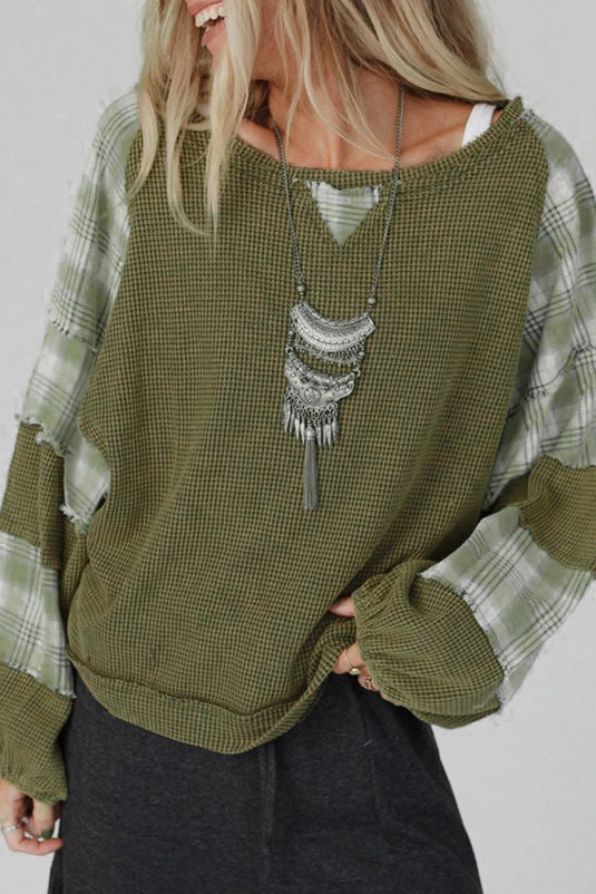 DLLS1145 - Ladies Green Plaid Patch Waffle Knit Exposed Seam Bubble Sleeve Top