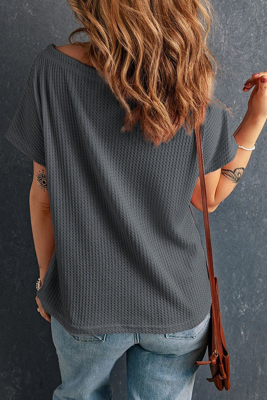DLLS529 - Ladies Dark Grey Waffle Knit Boat Neck Short Sleeve Top