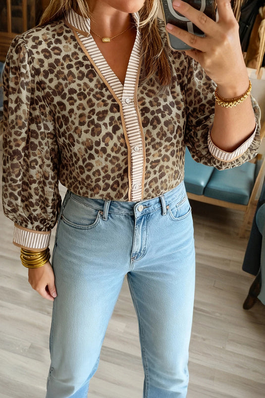 DLLS356 - Ladies Khaki Contrast Striped Trim V Neck Leopard Shirt