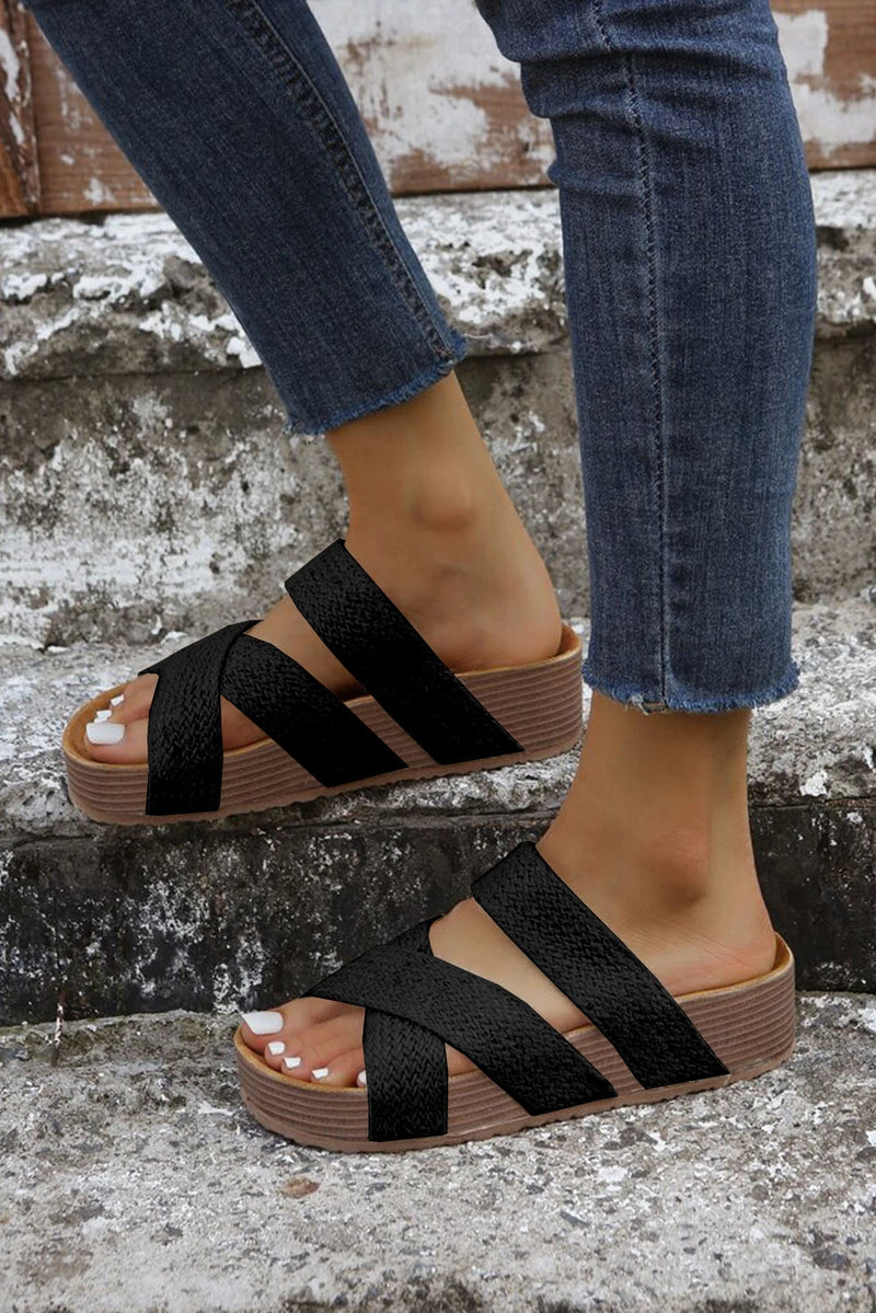 Load image into Gallery viewer, DLLSHOE 137 - Black Woven Cross Criss Hollowed Slip-On Slippers
