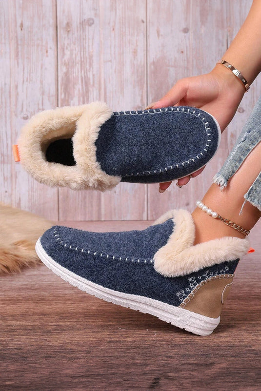 DLLSHOE 123 - Blue Suede Stitching Patchwork Plush Lined Anklet Boots