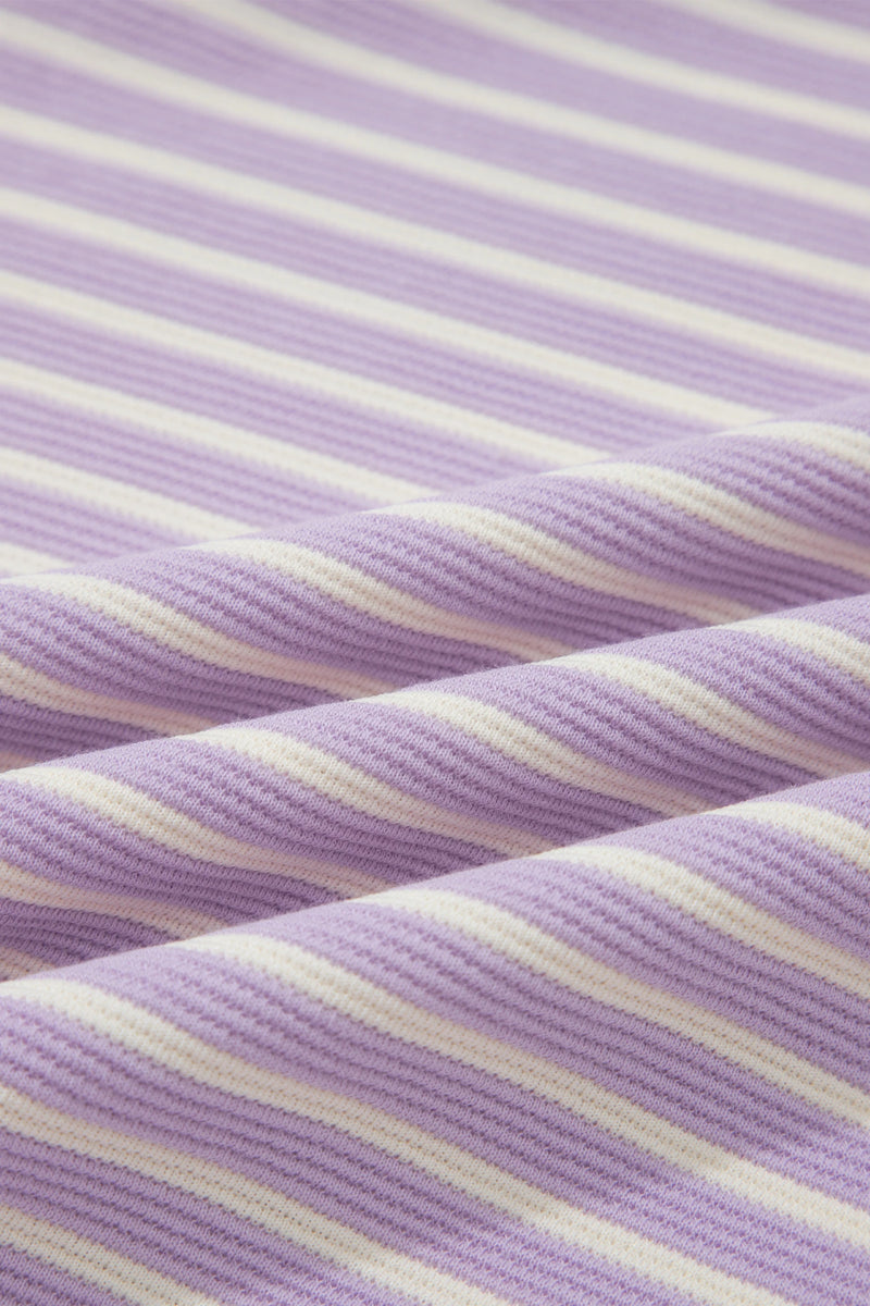 Load image into Gallery viewer, DLLS699 - Ladies Purple Striped Colorblock Paneling Collar Cuff Hem Texture T-Shirt
