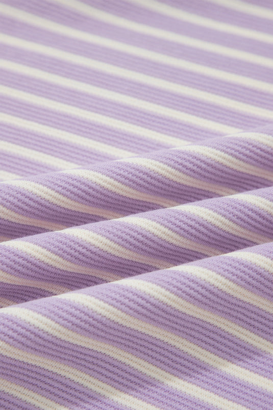 DLLS699 - Ladies Purple Striped Colorblock Paneling Collar Cuff Hem Texture T-Shirt