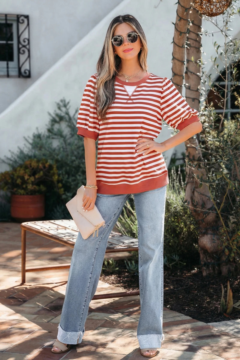 Load image into Gallery viewer, DLLS937 - Ladies Orange Stripe Short Bubble Sleeve T Shirt
