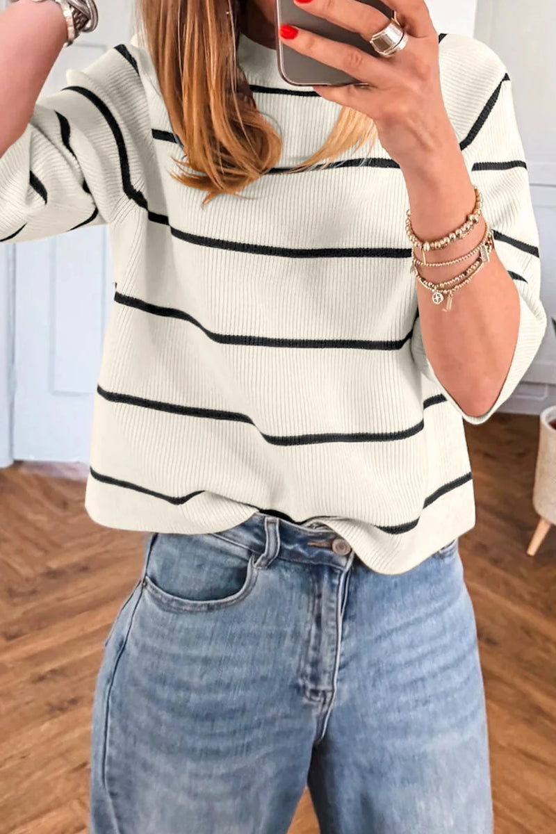 Load image into Gallery viewer, DLLS945 - Ladies White Stripe Ribbed Knit Half Sleeve Loose Sweater Tee
