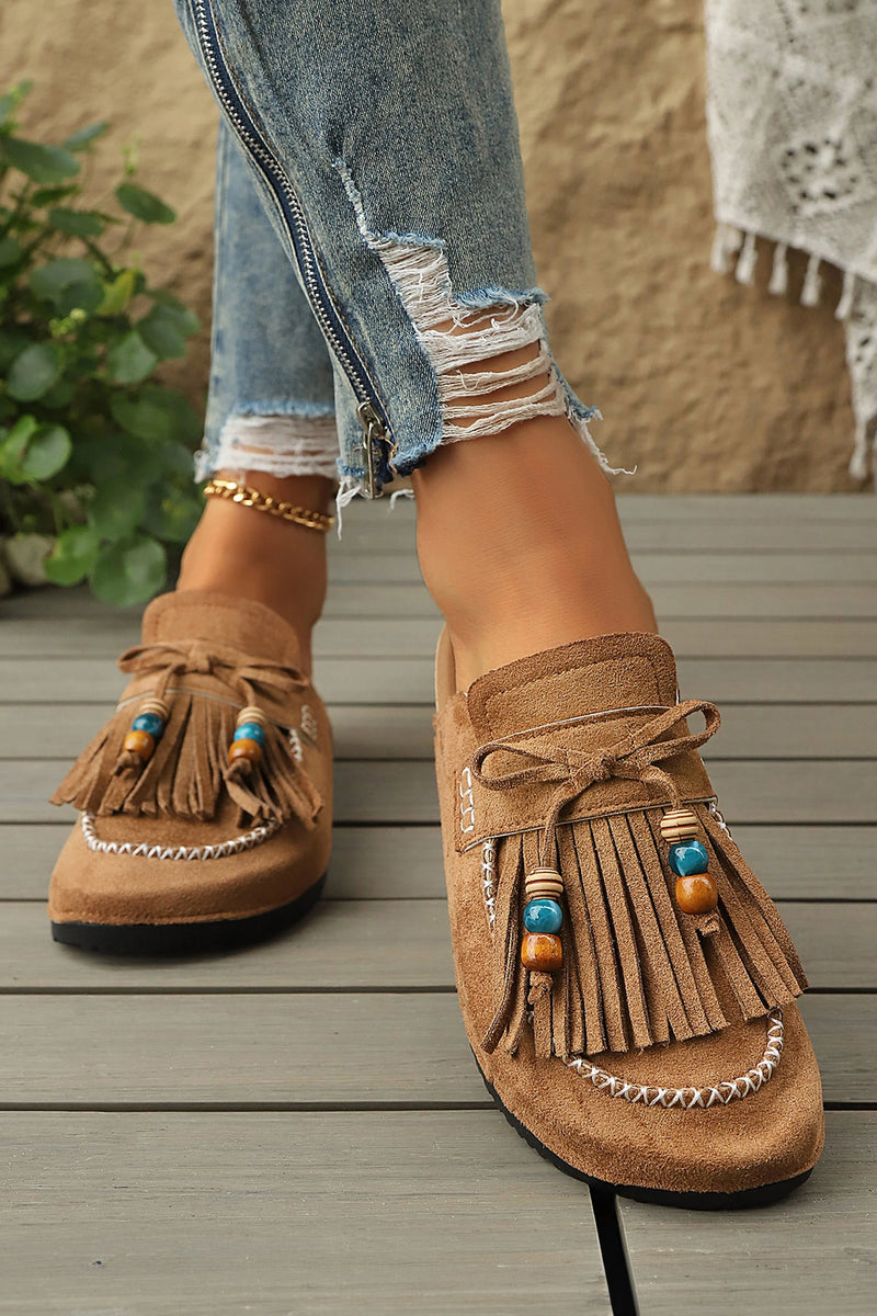 Load image into Gallery viewer, DLLSHOE 175 - Chestnut Boho Fringed Faux Suede Slip-on Loafers Square Toe Slippers
