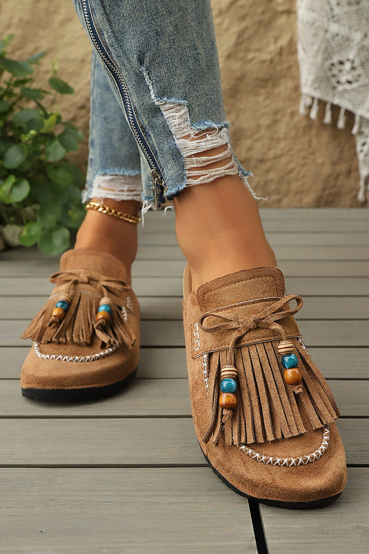 DLLSHOE 175 - Chestnut Boho Fringed Faux Suede Slip-on Loafers Square Toe Slippers