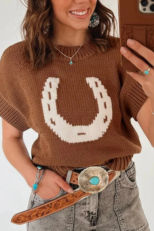 DLLS652 - Ladies Chestnut Western Print Short Sleeve Round Neck Drop Shoulder Knit Top