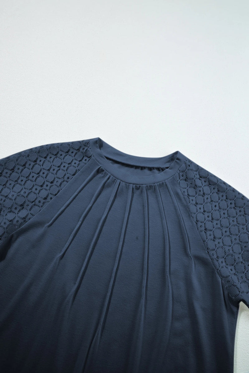 Load image into Gallery viewer, DLLS535 - Ladies Navy Blue Seamed Detail Contrast Lace Raglan Sleeve Tee
