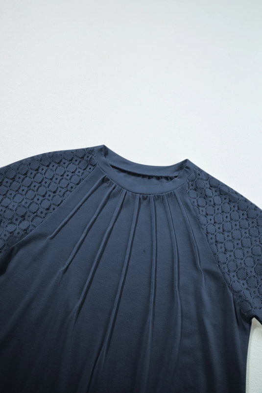 DLLS535 - Ladies Navy Blue Seamed Detail Contrast Lace Raglan Sleeve Tee