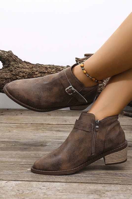 DLLSHOE 36 - Chicory Coffee Retro PU Leather Buckle Strap Zip Side Ankle Boots