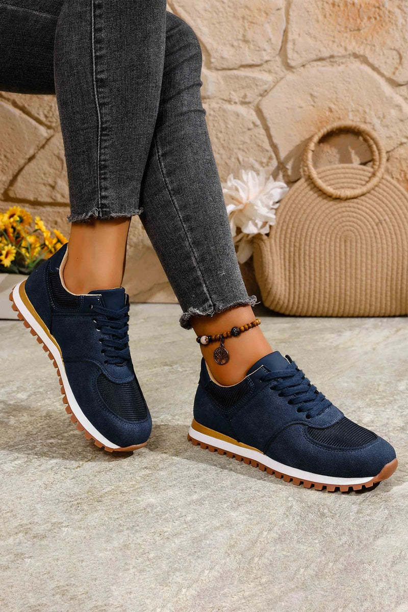 Load image into Gallery viewer, DLLSHOE 54 - Navy Blue Faux Suede Mixed Patchwork Retro Jogger Sneakers
