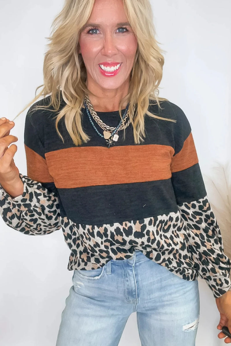 Load image into Gallery viewer, DLLS315 - Ladies Black Color Block Leopard Patchwork Long Sleeve Casual Top
