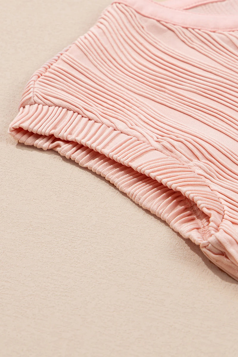 Load image into Gallery viewer, DLLS503 - Ladies Pink Wavy Textured Button V Neck Tee
