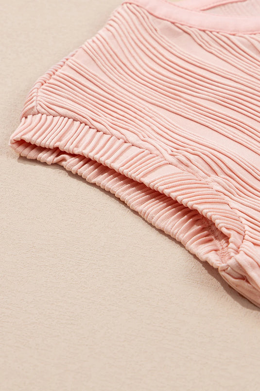 DLLS503 - Ladies Pink Wavy Textured Button V Neck Tee