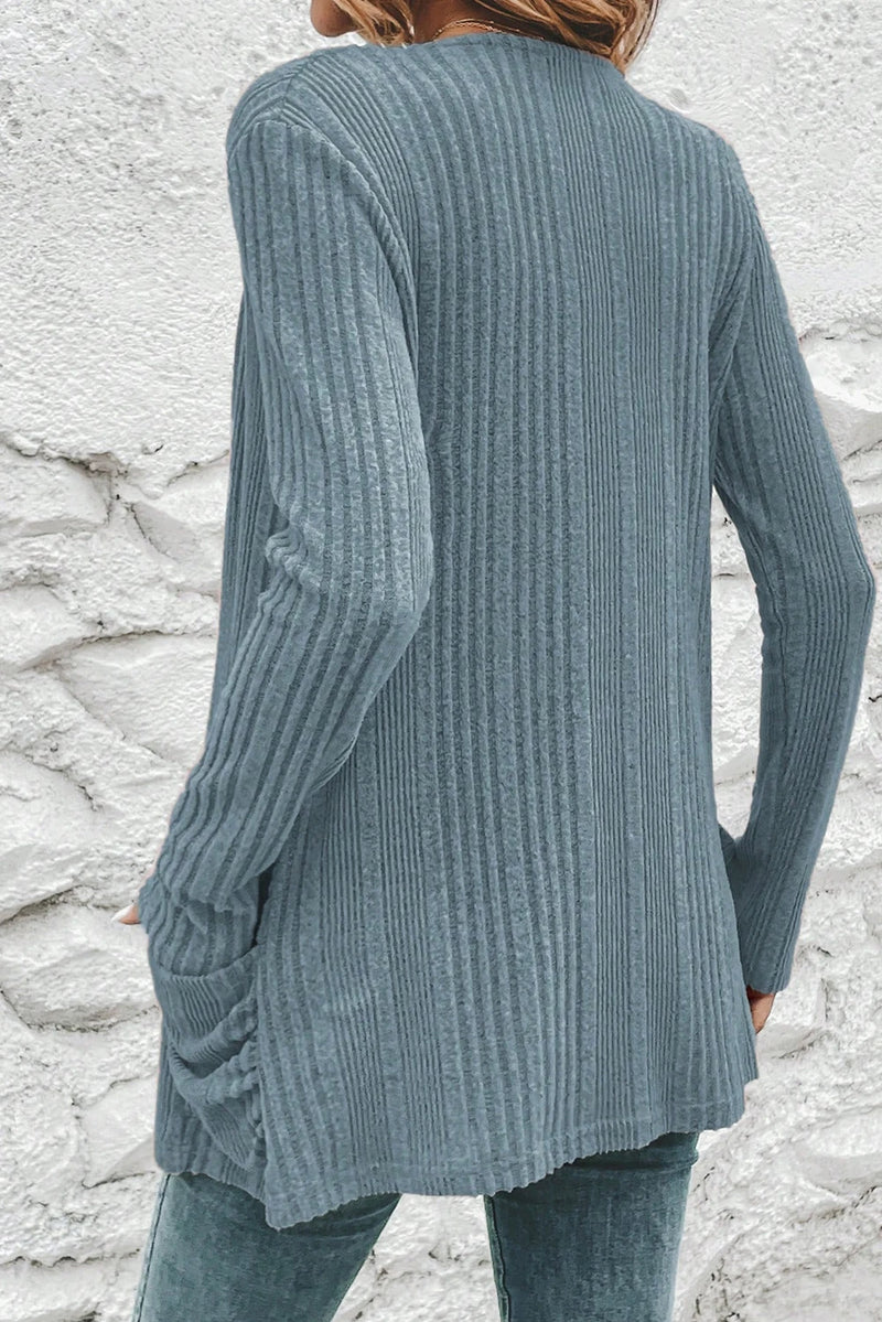 Load image into Gallery viewer, DLLS307 - Ladies Stone Blue Ribbed Open Front Knitted Top with Pockets
