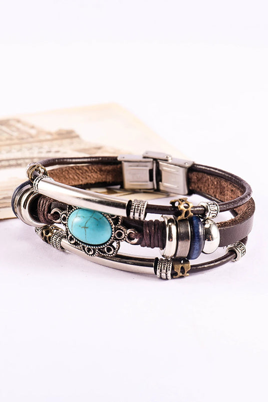 DLLBC 2 - Brown Turquoise Faux Leather Multi-layered Bracelet