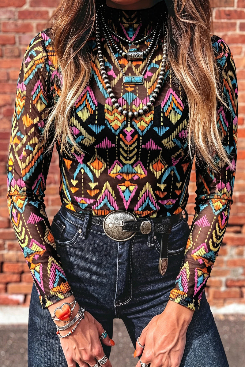 Load image into Gallery viewer, DLLS799 - Ladies Color black Abstract Print Long Sleeve Stand Neck Mesh Top
