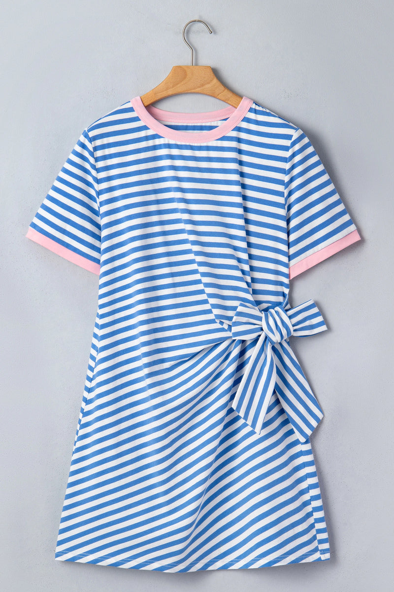 Load image into Gallery viewer, DLLS571 - Ladies Sky Blue Stripe Nautical Tie Contrast Trim Round Neck T Shirt Mini Dress
