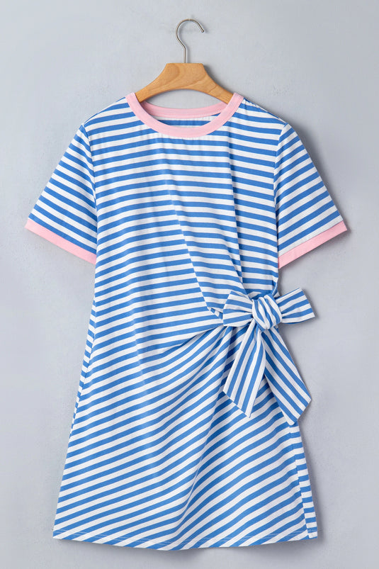 DLLS571 - Ladies Sky Blue Stripe Nautical Tie Contrast Trim Round Neck T Shirt Mini Dress