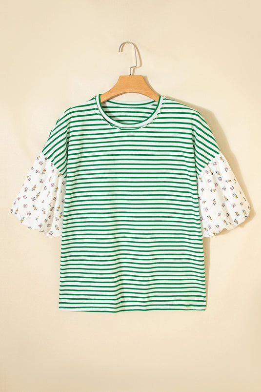 DLLS507 - Ladies Green Stripe Floral Puff Sleeve Patchwork Round Neck Loose Top