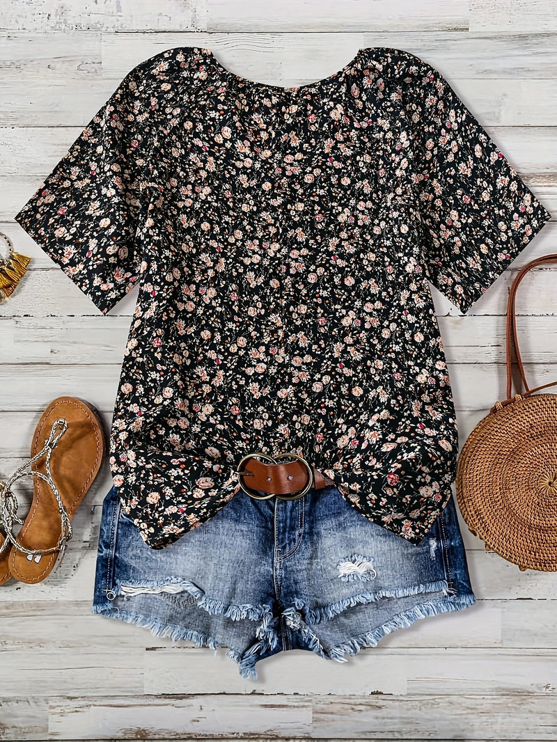 Load image into Gallery viewer, TMTSHT106 - Ladies Black Floral Print V Neck Shirt
