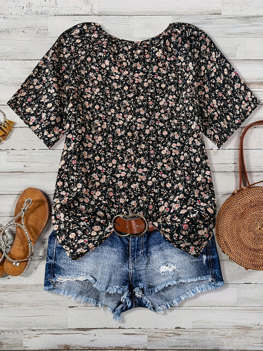 TMTSHT106 - Ladies Black Floral Print V Neck Shirt