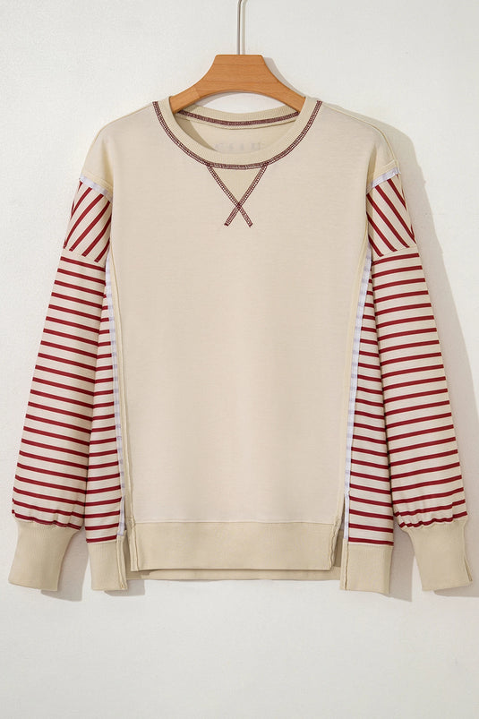 DLLS927 - Ladies Red Stripe Sleeve Patchwork Casual Knit Top