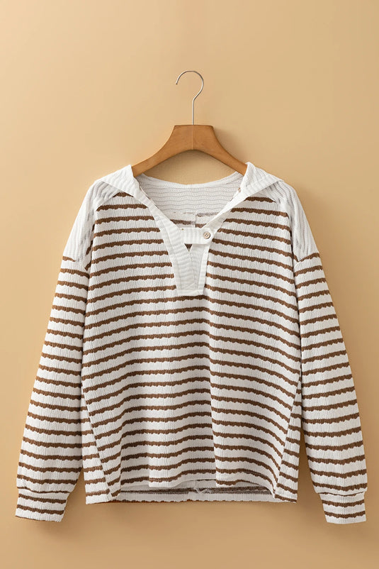 DLLS207 - Ladies Khaki Stripe Textured Hooded V Neck Casual Long Sleeve Top