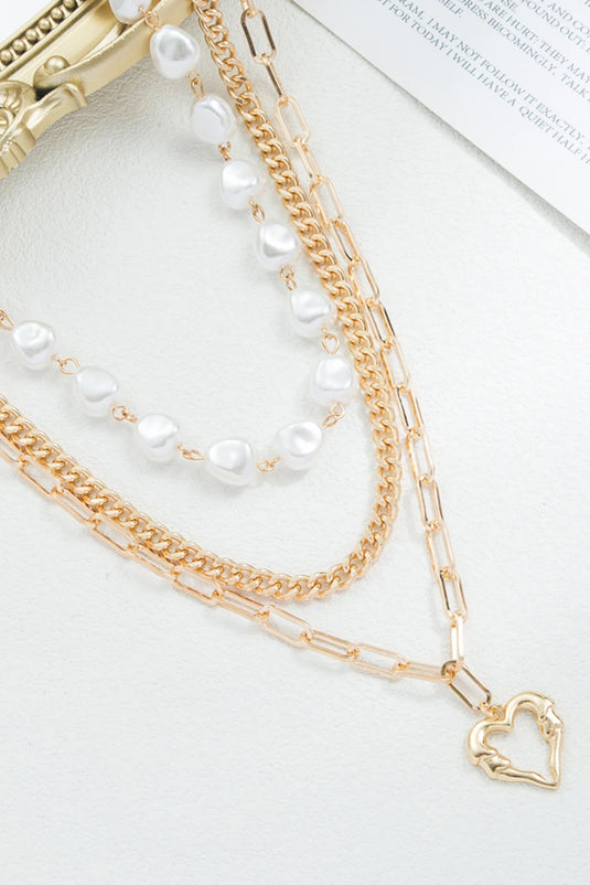 DLLNK 6 - Gold Plated Heart Chain Pearl Beading 3pcs Necklace Set