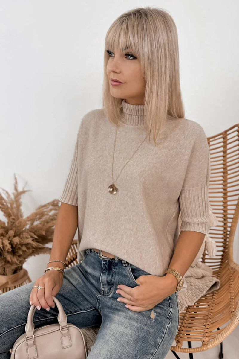 Load image into Gallery viewer, DLLS638 - Ladies Beige High Neck Short Sleeve Solid Shift Sweater Regular Wash
