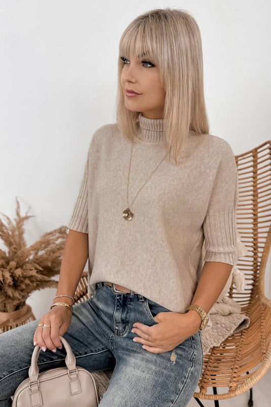 DLLS638 - Ladies Beige High Neck Short Sleeve Solid Shift Sweater Regular Wash