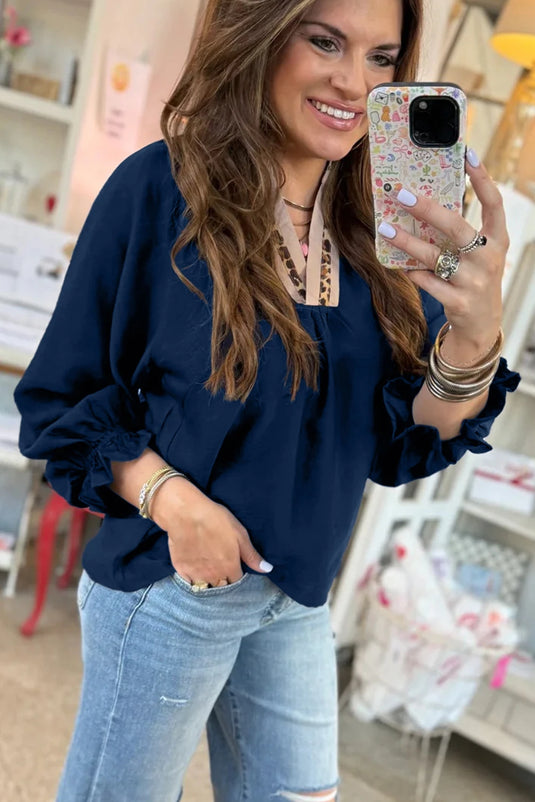 DLLS252 - Ladies Dirty blue Leopard Trim V Neck Flounced Bracelet Sleeve Blouse