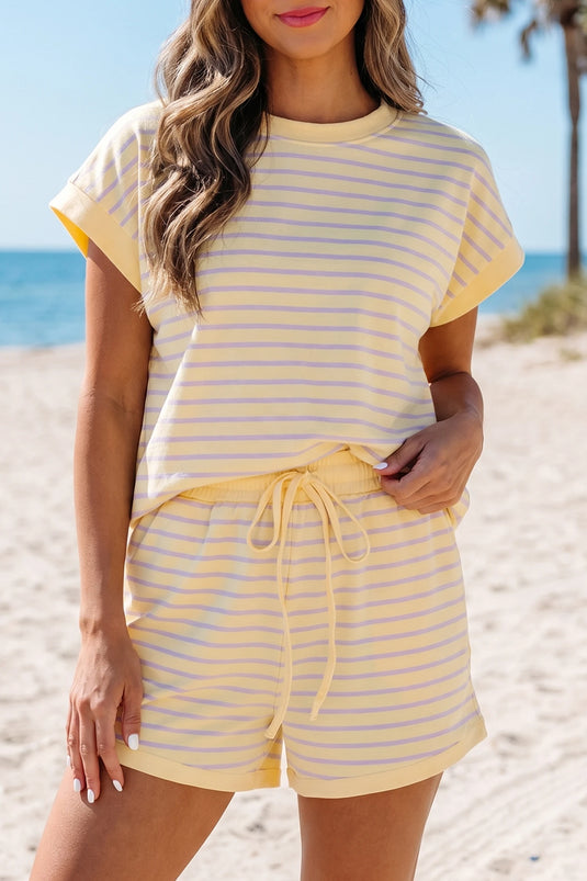 DLLS626 - Ladies Yellow Stripe Relaxed Tee Drawstring Shorts 2pcs Outfit