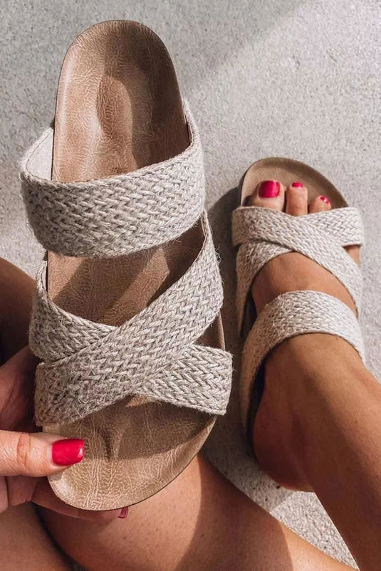 DLLSHOE 97 - Beige Woven Cross Criss Hollowed Slip-On Slippers