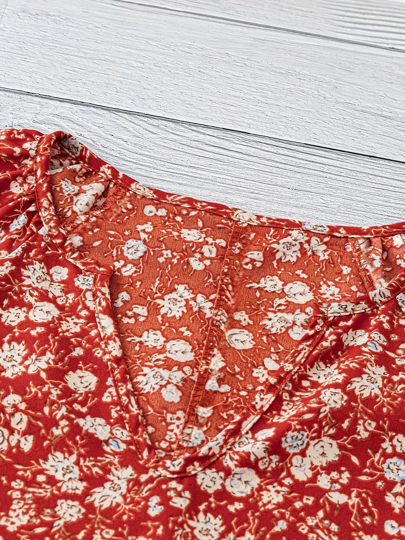 Load image into Gallery viewer, TMTSHT108 - Ladies Red Floral Print V Neck Shirt
