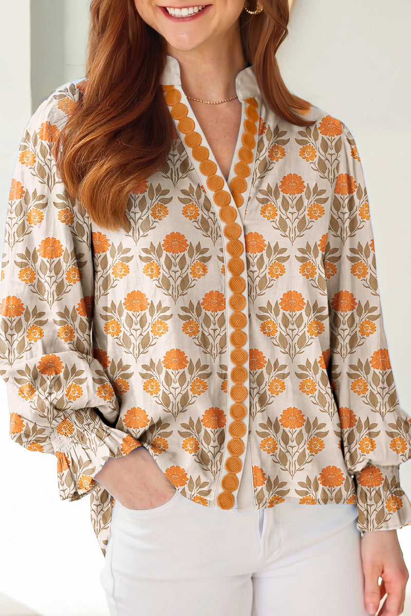 Load image into Gallery viewer, DLLS869 - Ladies Orange Floral Print V Neck Long Sleeve Top
