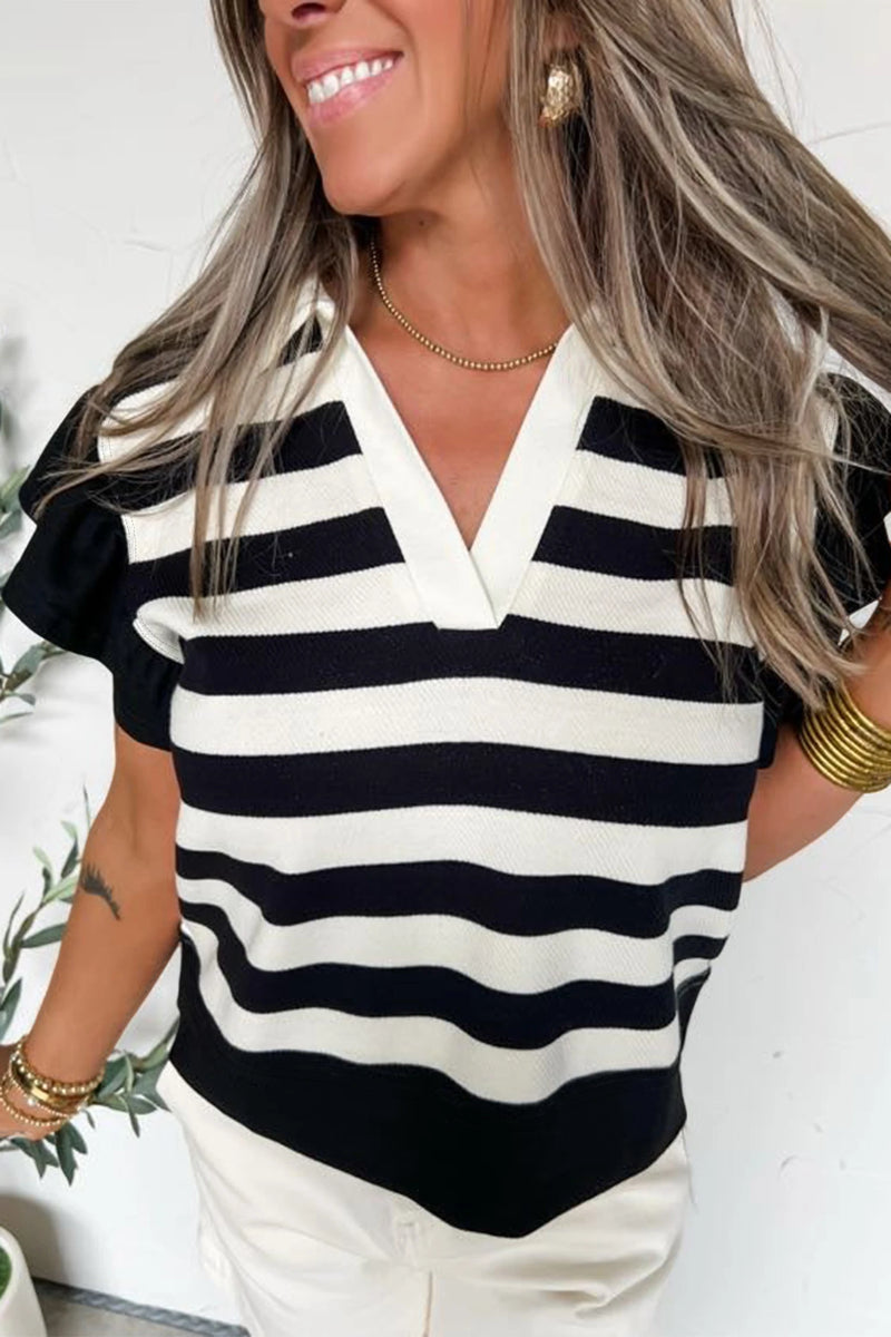 Load image into Gallery viewer, DLLS381- Ladies Black Stripe Collar V Neck Ruffled Short Sleeve Blouse
