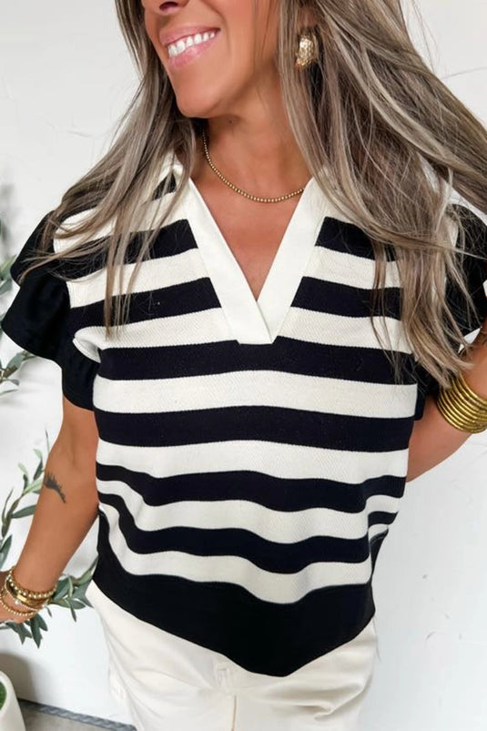 DLLS381- Ladies Black Stripe Collar V Neck Ruffled Short Sleeve Blouse