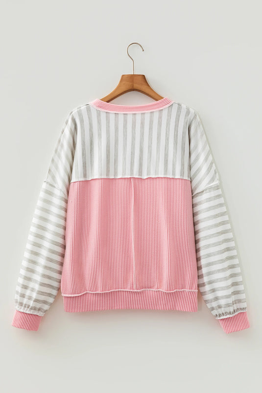 DLLS1019 - Ladies Pink Twisted Rib Trim Striped Round Neck Loose Pullover Sweatshirt