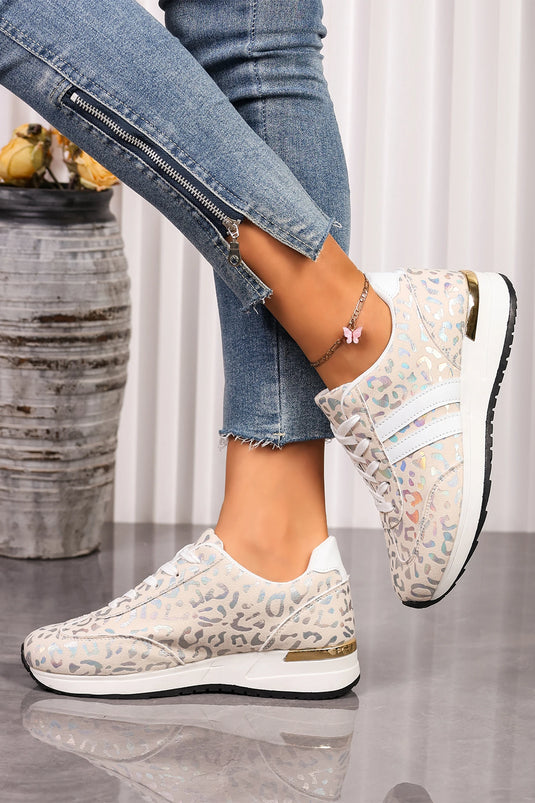 DLLSHOE 197 - White Leopard Print Lace-Up Low-Top Sneakers with Rubber Sole