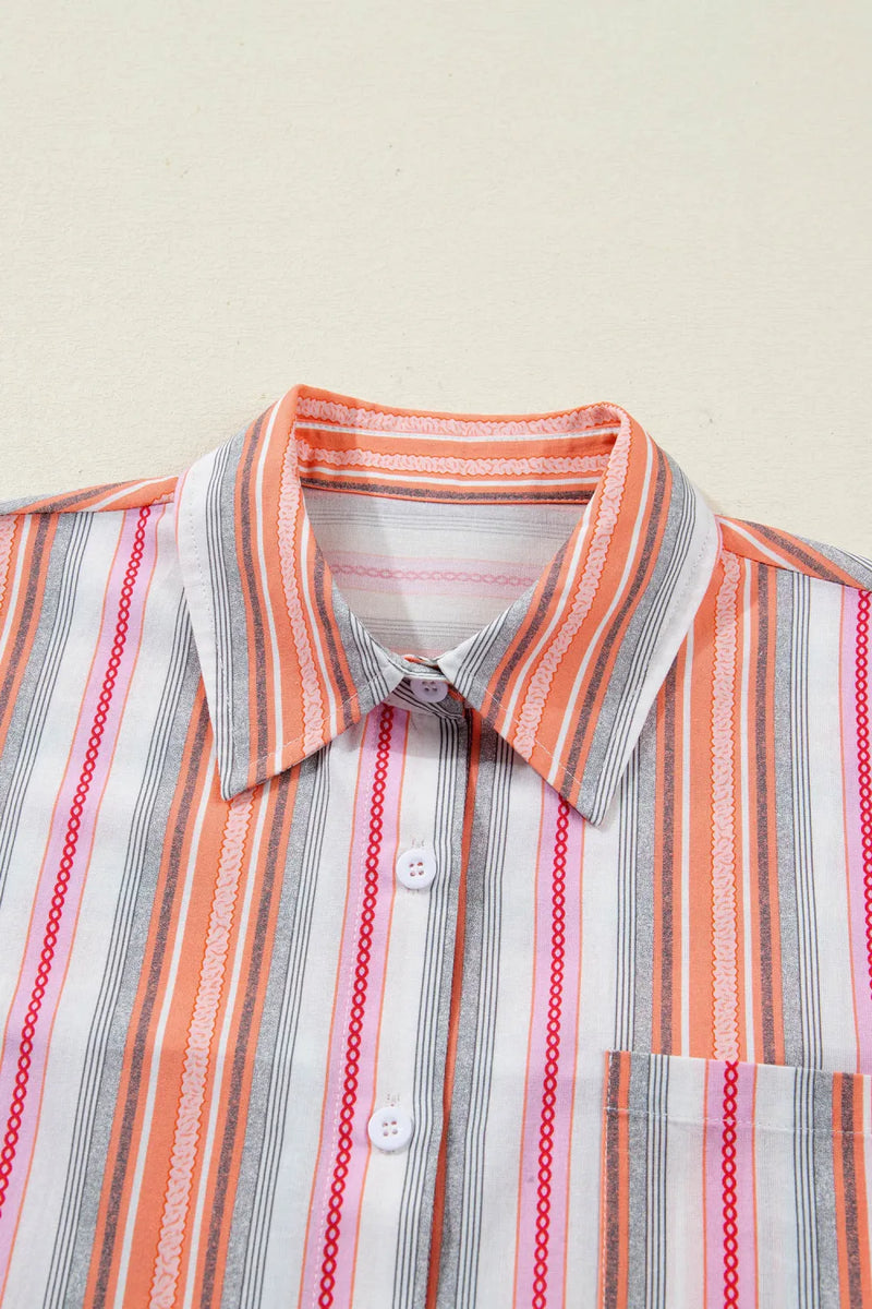 Load image into Gallery viewer, DLLS519 - Ladies Pink Stripe Button up Short Sleeve Shirt
