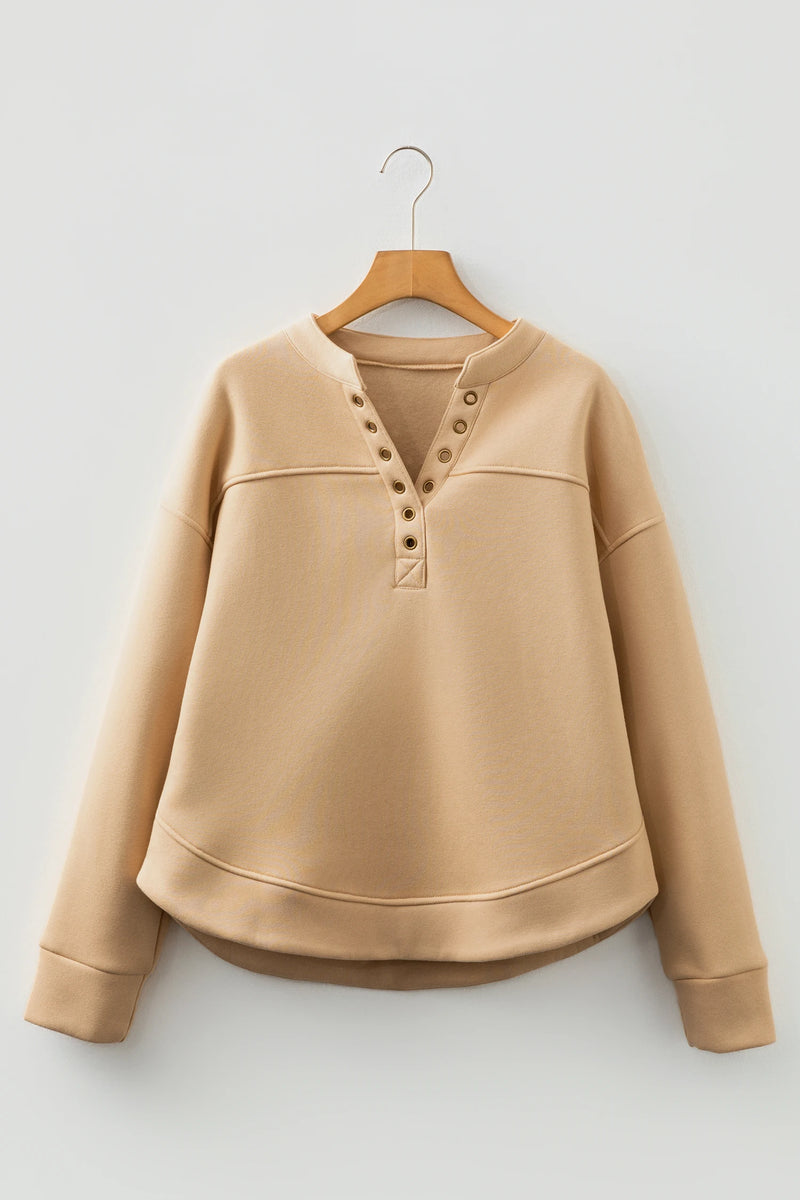 Load image into Gallery viewer, DLLS229 - Ladies Light French Beige Grommet Detail V Neck Sweatshirt

