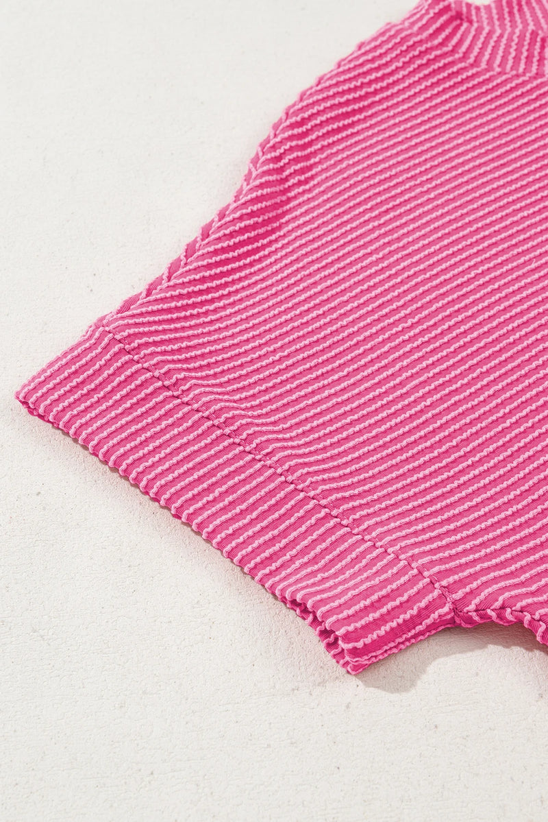 Load image into Gallery viewer, DLLS711 - Ladies Bright Pink Plain Corded Knit Mock Neck T Shirt
