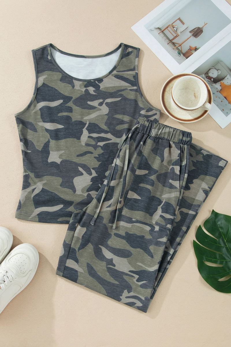 Load image into Gallery viewer, DLLS633 - Ladies Green Camouflage Print Slim Tank Drawstring Pant Set
