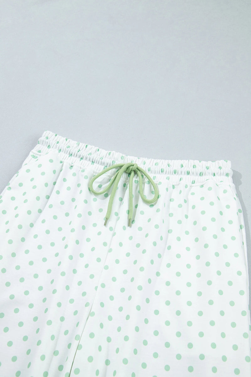 Load image into Gallery viewer, DLLS1088 - Ladies Green Polka Dot Patchwork Colorblock Long Sleeve Casual Two Piece Pants Set

