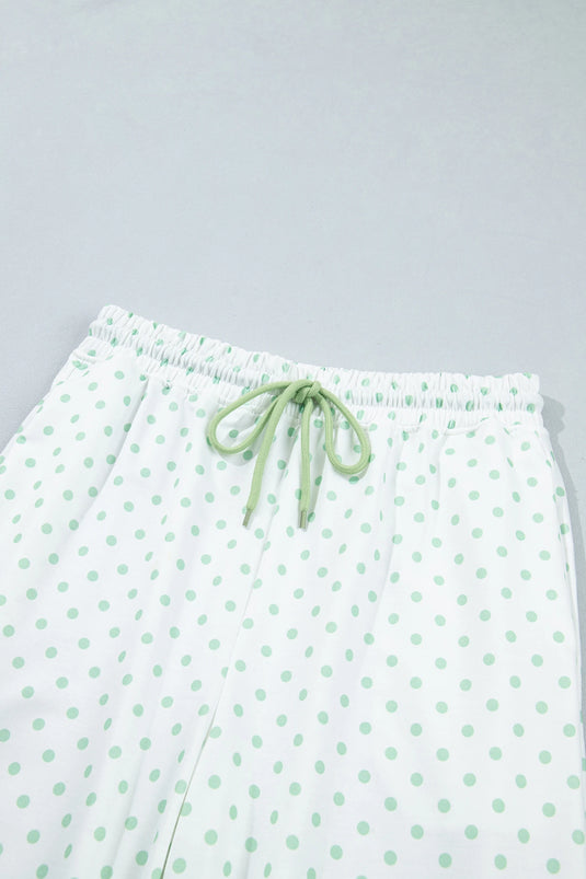 DLLS1088 - Ladies Green Polka Dot Patchwork Colorblock Long Sleeve Casual Two Piece Pants Set