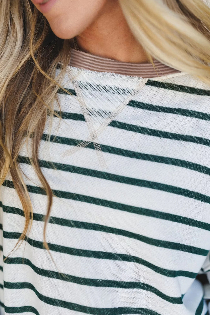 Load image into Gallery viewer, DLLS405 - Ladies White Stripe Twisted Ribbed Patchwork Drop Shoulder Round Neck Sweatshirt
